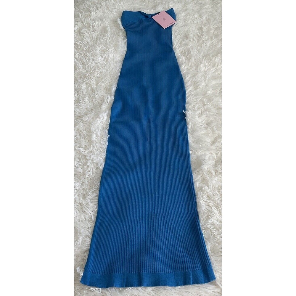 Hello Molly Womans Small Blue Ribbed Halter Bodycon Side Slit Dress NEW W/TAGS